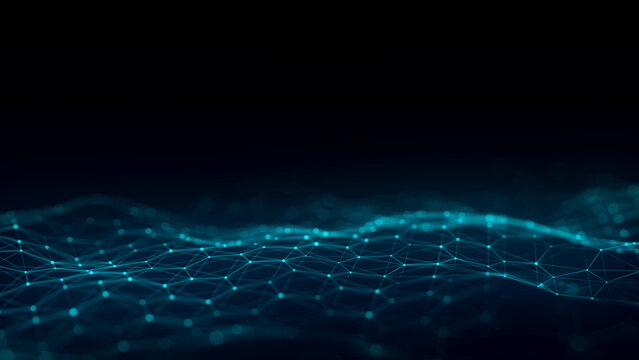 Digital hexagon dynamic wave of particles. Abstract blue futuristic background. Big data visualization. 3D rendering.