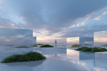 Businessman contemplating surreal sunset landscape with reflective surfaces and lush vegetation