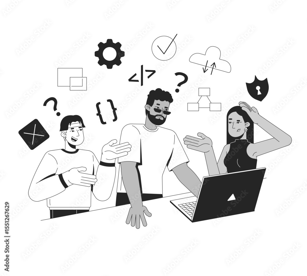 Poster learning to code in group line illustration concept. it school course. collaborative development. di