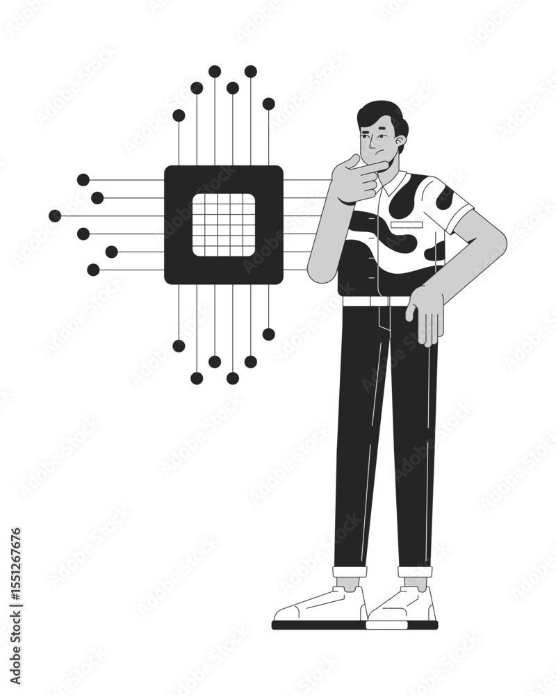 Poster confused by electronics line illustration concept. it school course. machine learning. indian studen