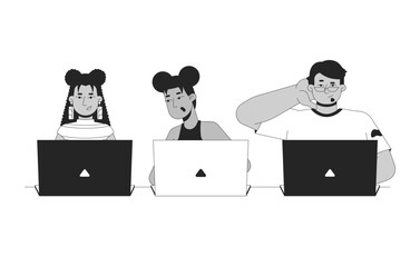 Writing code practice outline illustration. Coding bootcamp. IT school course. Hackathon. Diverse students working on laptops 2D line characters isolated on white. Monochrome vector ink linear image