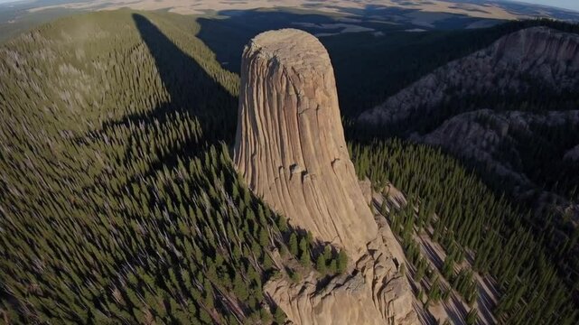 Majestic Aerial View of Devils Tower Rising Above Rugged Terrain and Dense Forests in WyomingVideo Background