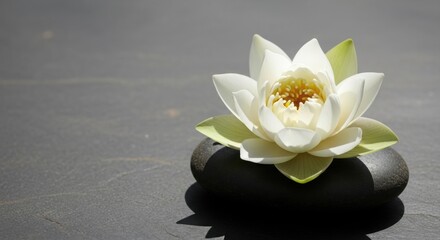 Serene white water lily blossom on dark grey stone perfect for spa and wellness branding