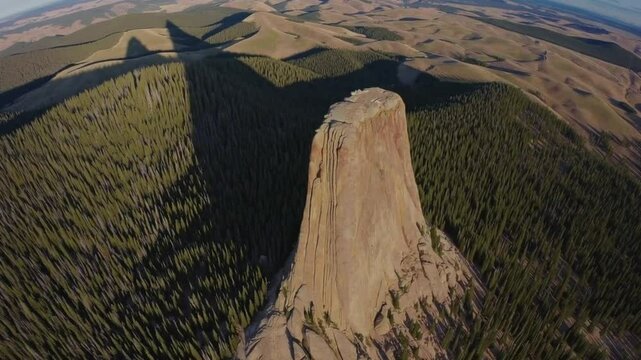 Dramatic Drone Flight Over Devils Tower National Monument with Rolling Hills and Textured Rock ColumnsVideo Background