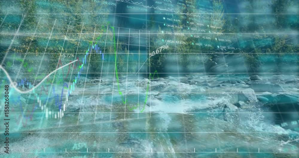 Poster translucent 3d grid fading in over rocky creek, colored line graphs animating stock trends
