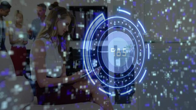 Seated business professional scrolling tablet activating HUD metrics updating to 706 for insights