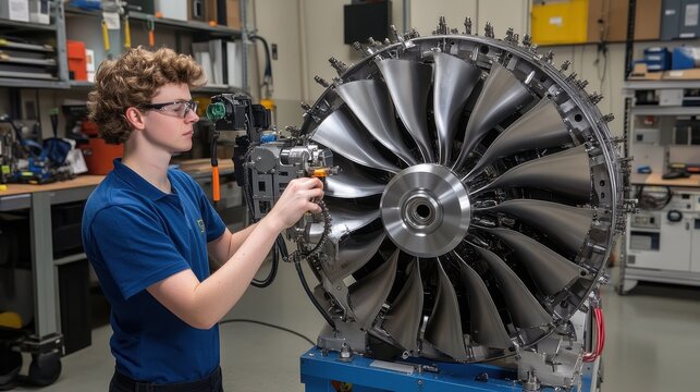 Young Technician Inspecting Jet Engine Component in Workshop