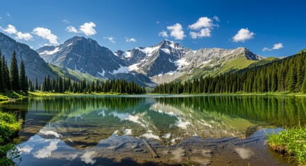 Serene mountain lake reflecting snow-capped peaks and verdant forest landscape