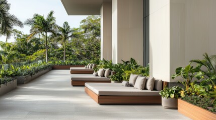 Obraz premium Stylish outdoor lounge area with comfortable seating and greenery: A chic wellness-inspired outdoor lounge with plush seating, soft throw pillows, potted plants, and warm ambient lighting creating a