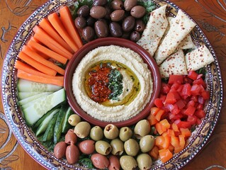 A Mediterranean mezze platter featuring hummus, baba ganoush, falafel, olives, and fresh veggies on a decorative plate