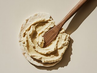 A minimalist, artistic composition of hummus being spread onto pita bread with a wooden knife, set against a neutral backdrop