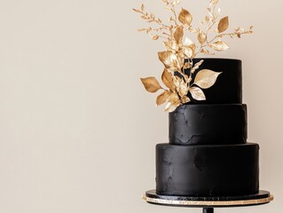 A minimalist black and gold modern cake with smooth ganache and gold leaf accents