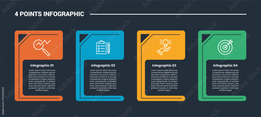 Poster 4 stage infographic process diagram with round block columns with open text area with dark backgroun