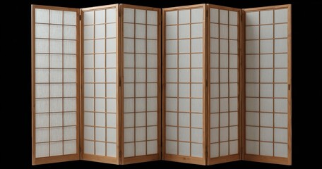 A light-toned wood eight-panel room divider with a gridded translucent paper inset in each panel.  The panels are hinged for folding