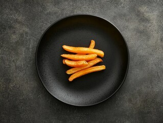 A minimalist, high-fashion food photography setup featuring a single perfectly crisp fry on a black plate