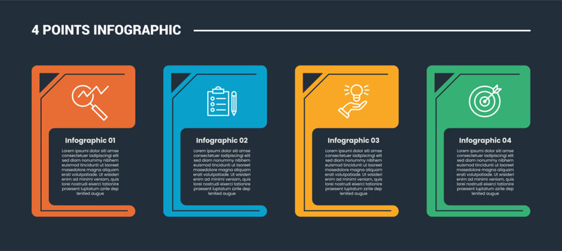 4 stage infographic process diagram with round block columns with open text area with dark background bright outline style