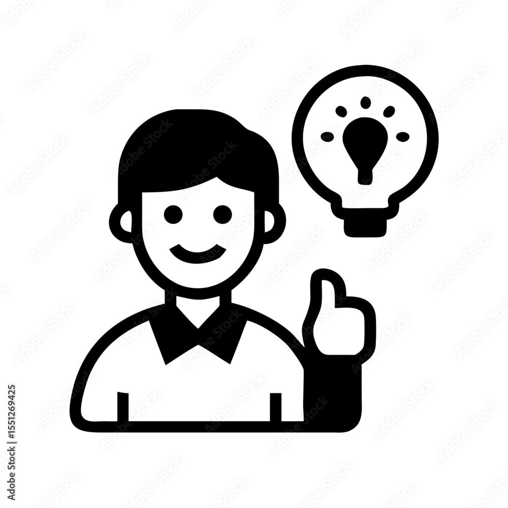 Poster a smiling person points upward, next to a lightbulb representing an idea, isolated on white backgrou