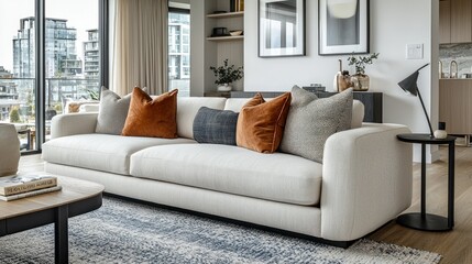 Fototapeta premium Modern living room with large white sofa and city view