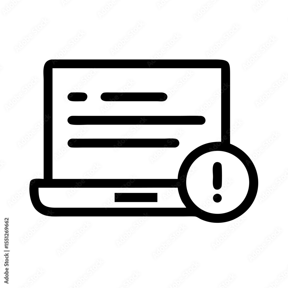 Poster laptop screen displaying a warning notification, isolated on white background