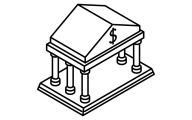 Bank symbol simple line drawing icon, isometric illustration representing financial institution, savings and finance concept, black and white