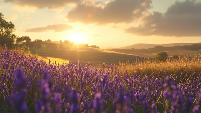 Lavender field at sunrise with rolling hills in the background and golden light illuminating the landscape