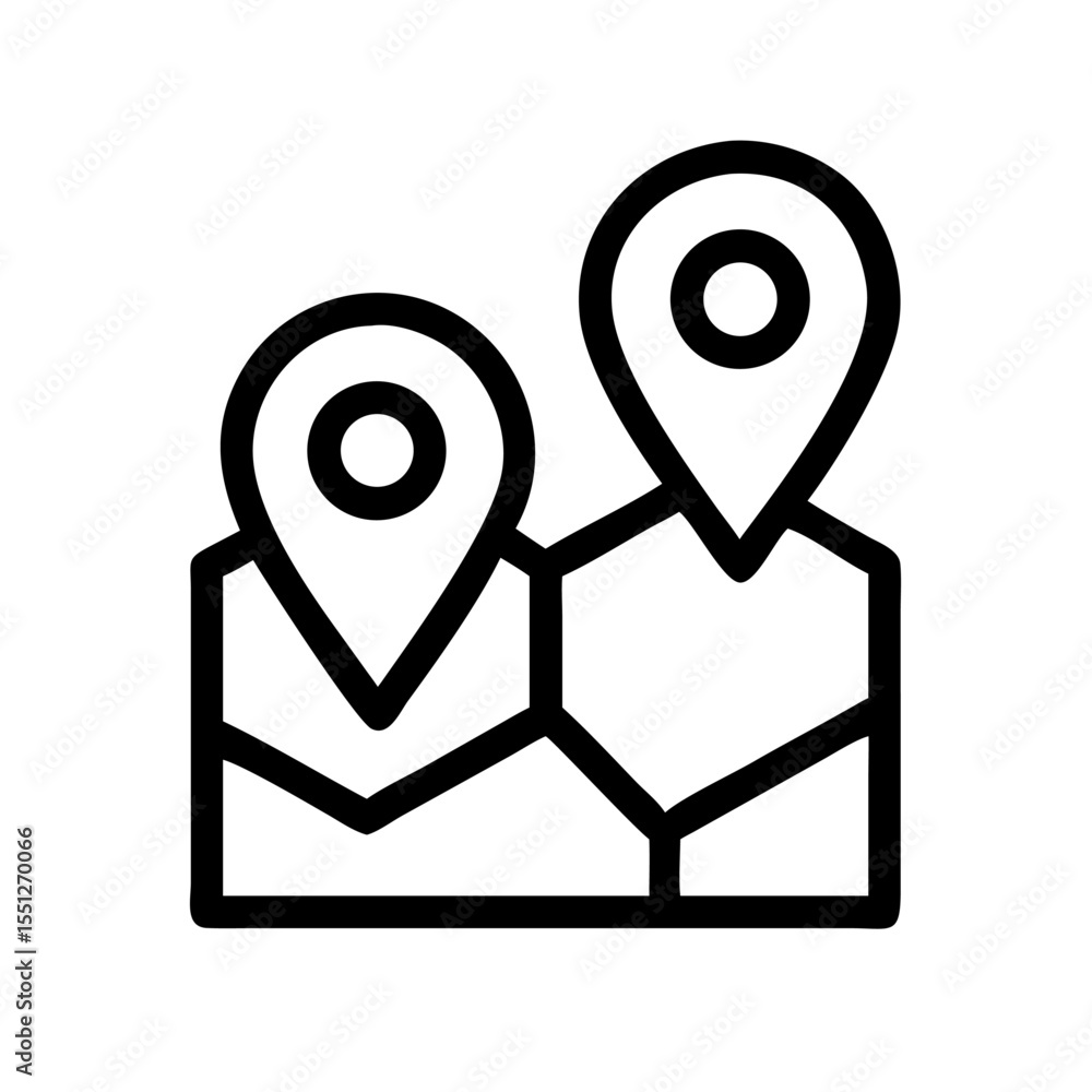 Poster two location pins are shown on a simple map, isolated on white background