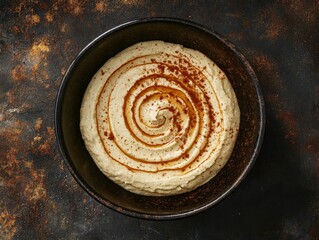 A modern top-down food photography shot of hummus in a ceramic bowl, with swirls of tahini and a sprinkle of sumac