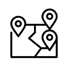 Three location pins mark different points on a simple map, isolated on white background
