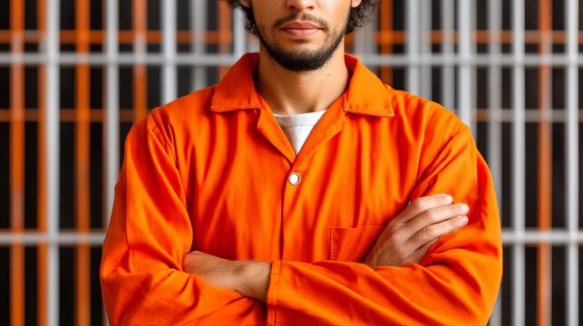 Man in orange prison jumpsuit standing with arms crossed in front of a barred background