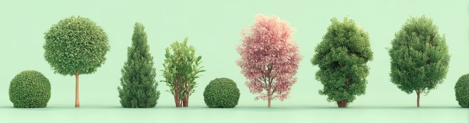 Obraz premium Eight stylized trees and shrubs in a row against a pale green backdrop