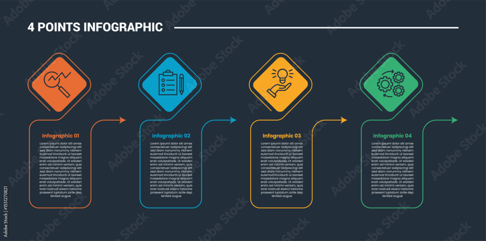 Poster 4 stage infographic process diagram with diamond with arrow pointer direction with dark background b