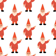 Seamless Pattern. Red Garden Gnome. Vector flat illustration.