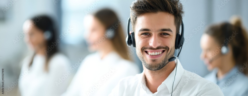 Poster the smiling customer service representative in a modern call center environment.