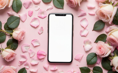 smartphone and  bank card on background of roses