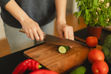 Woman cutting fresh vegetables in the kitchen. Healthy cooking, food preparation and lifestyle concept
