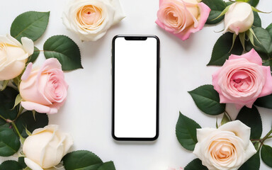 smartphone and  bank card on background of roses