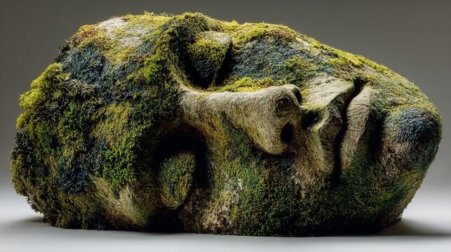 Unique sculpture of a human head covered in vibrant green moss displayed against a neutral background, showcasing the fusion of nature and art in a tranquil setting