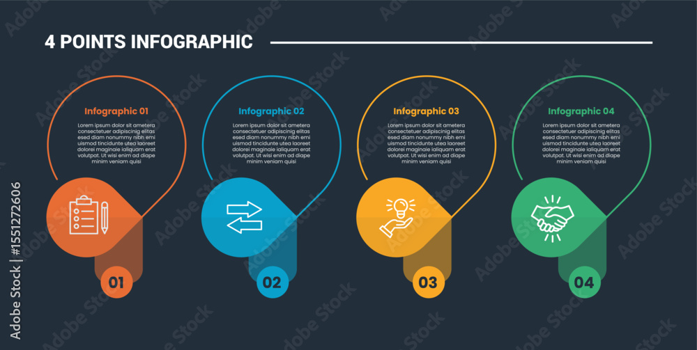 Poster 4 stage infographic process diagram with vertical circle block section with shadow with dark backgro