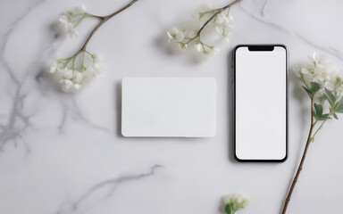 smartphone and  bank card on marble background