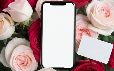 close up smartphone and  bank card on background of roses
