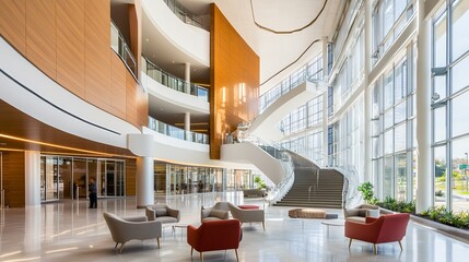 A modern building's expansive atrium, featuring a sweeping staircase, wood paneling, ample natural light, and comfortable seating areas