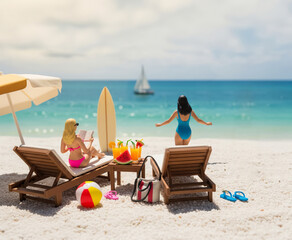 Miniature figure of a woman on a beach traveling