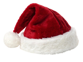 Classic red santa hat with white fur trim isolated on transparent background