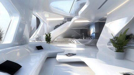 Futuristic, modern interior design with flowing curves and natural light