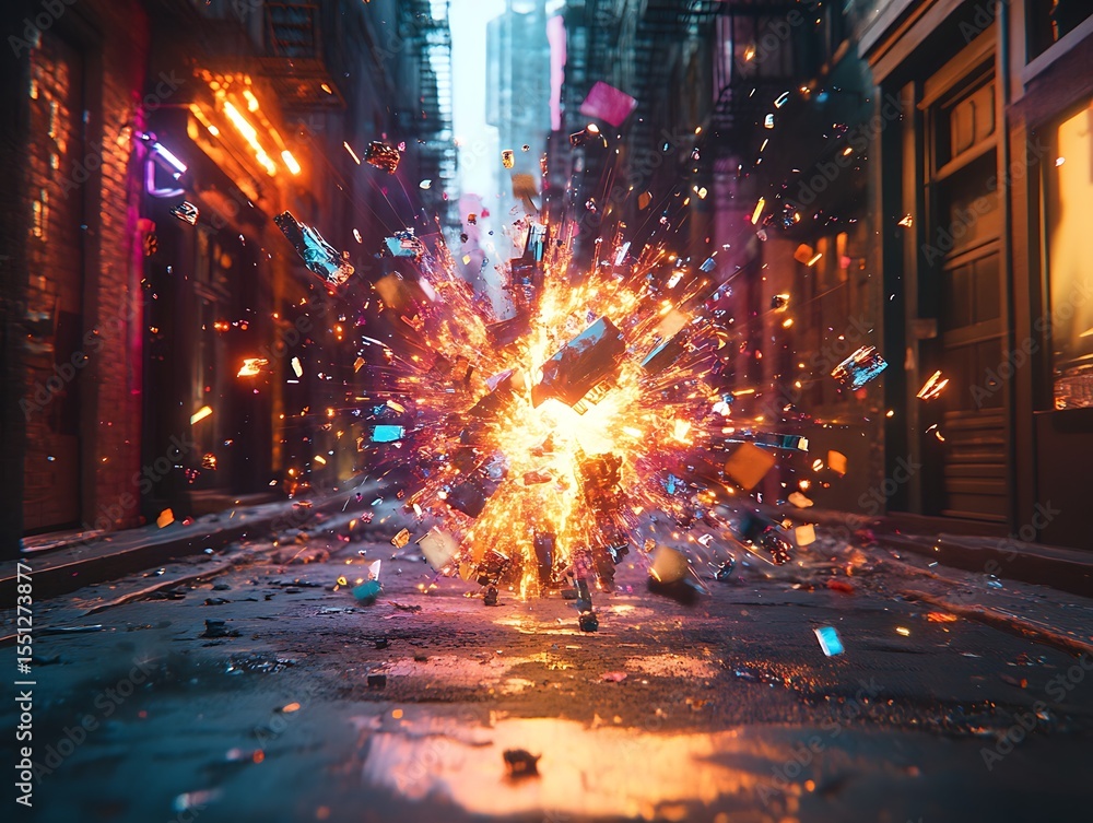 Poster dynamic explosion scattering fragments in an urban setting with vibrant hues