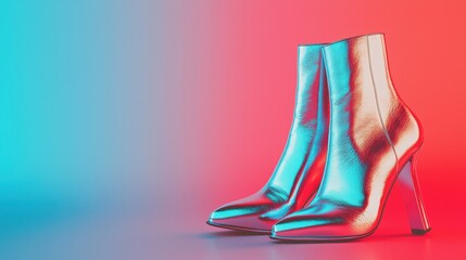 Stylish metallic high-heeled boots against a vibrant blue and red background in a creative and modern display