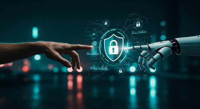 Human and Robotic Hands Interacting with Futuristic Cybersecurity Hologram Interface, Digital Security Concept