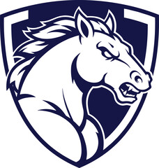 Fierce horse mascot logo, red stallion head, shield emblem illustration, aggressive equine symbol, sports team branding, wild power design, vector animal graphic