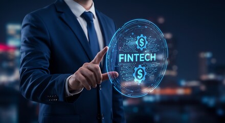 Businessman Interacting with Futuristic Fintech Interface, Digital Financial Technology Concept