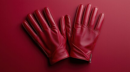 Obraz premium Elegant red leather gloves on a smooth burgundy background showcasing luxury and style for cold weather fashion
